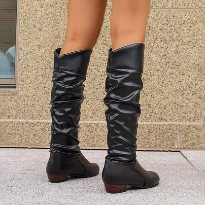 Women's Plus Size Long Tube Pleated Boots - Round Toe Block Heel