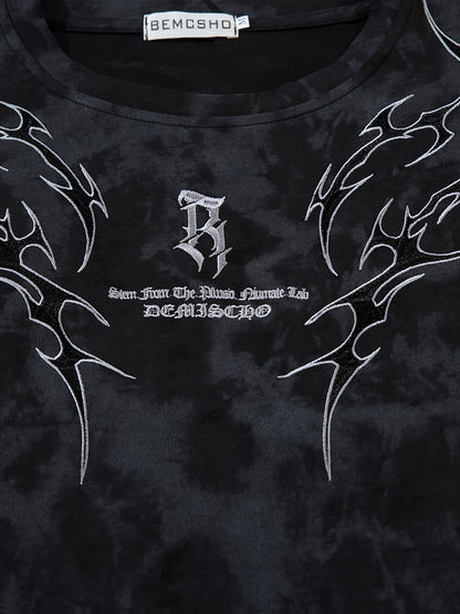 Men's Vintage Tie-Dye T-Shirt - Letter Embroidery Crew Neck