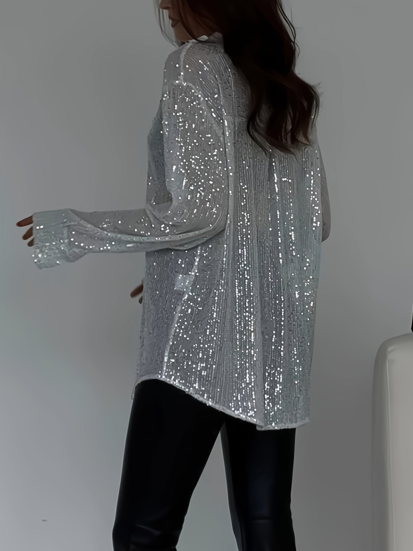 Plus Size Elegant Sequined Long-Sleeve Shirt - Lapel Collar