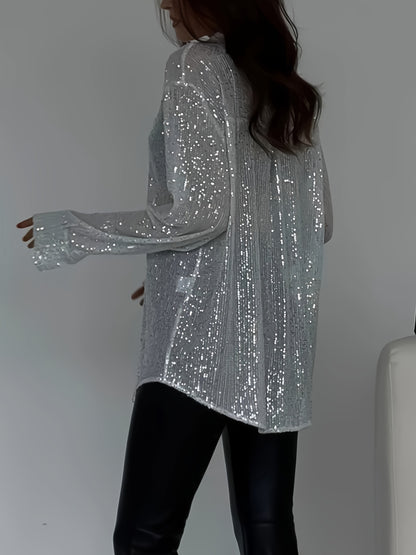 Plus Size Elegant Sequined Long-Sleeve Shirt - Lapel Collar