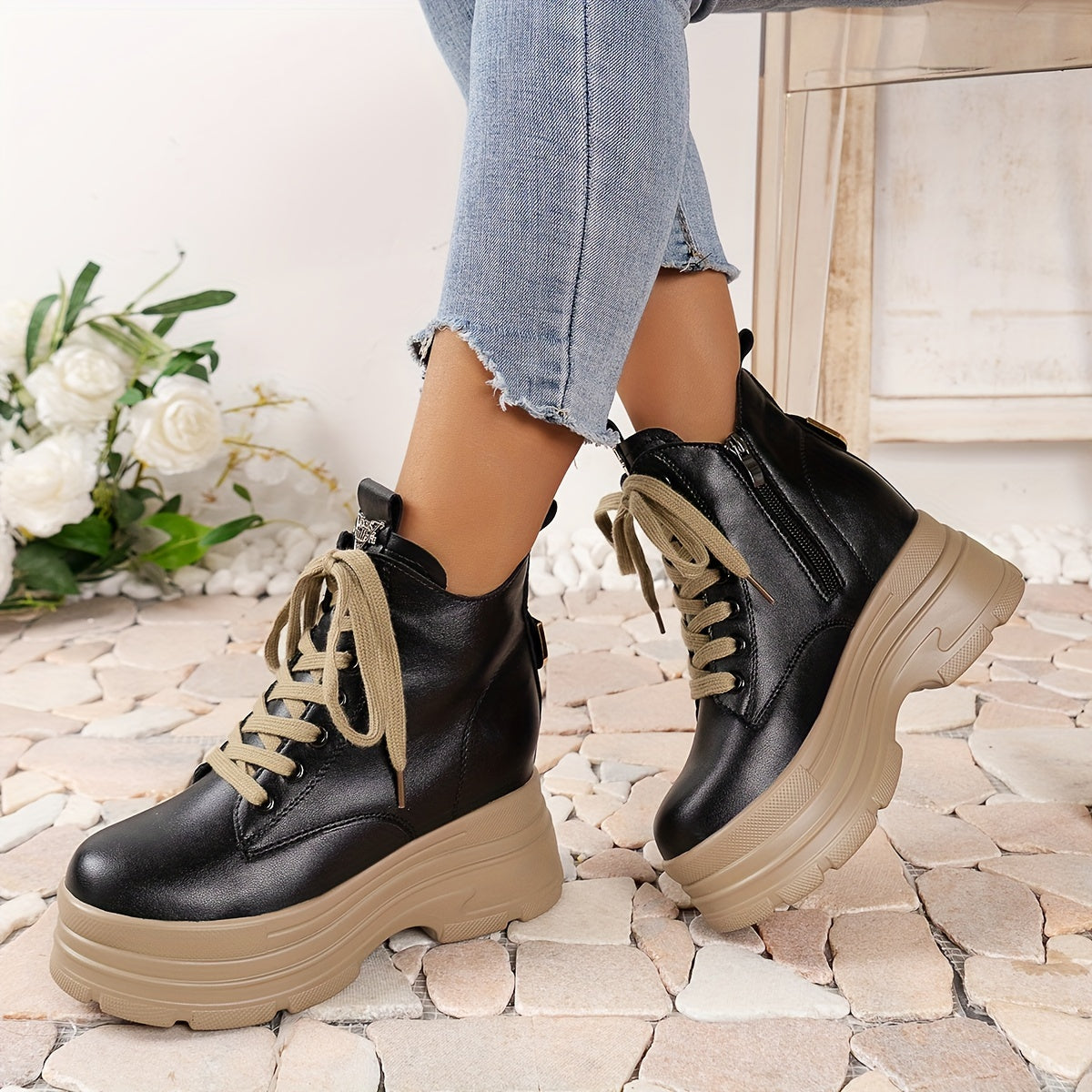 Women's Chunky Platform Ankle Boots - Fleece-Lined Black British