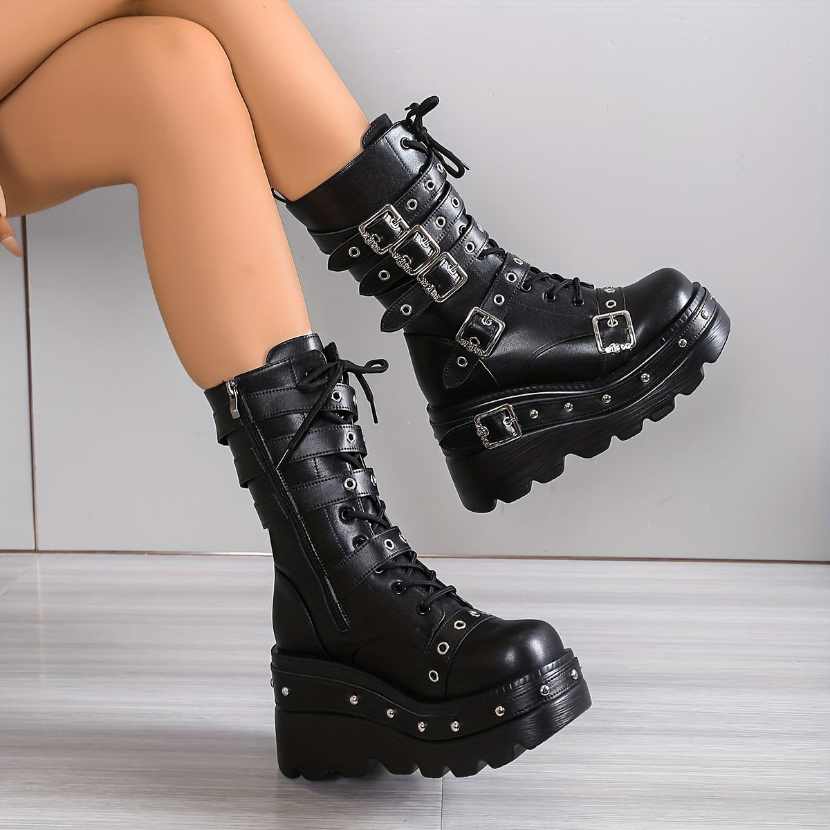 Women's Punk Boots - Thick Platform Ultra-High Wedge Gothic