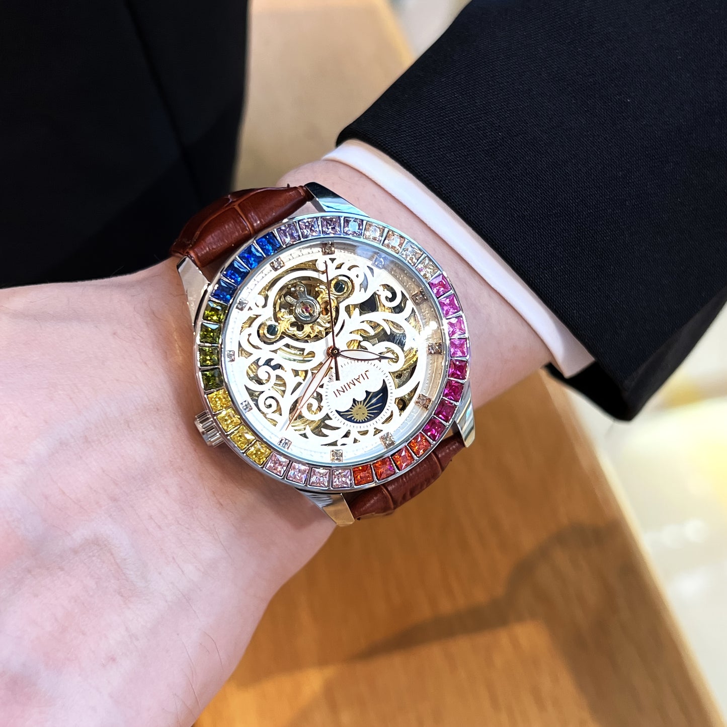 Jianni Men's Luxury Automatic Tourbillon Watch - Moon Sun Phases