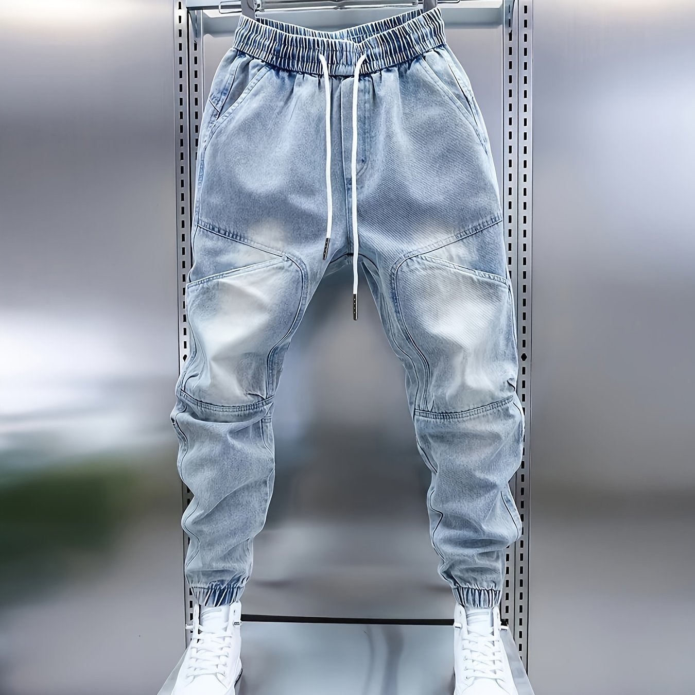 Men'S Four-Season Patchwork Cuffed Casual Jeans in Light Blue.