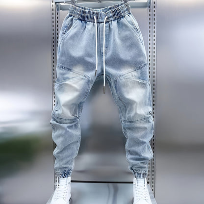 Men'S Four-Season Patchwork Cuffed Casual Jeans in Light Blue.