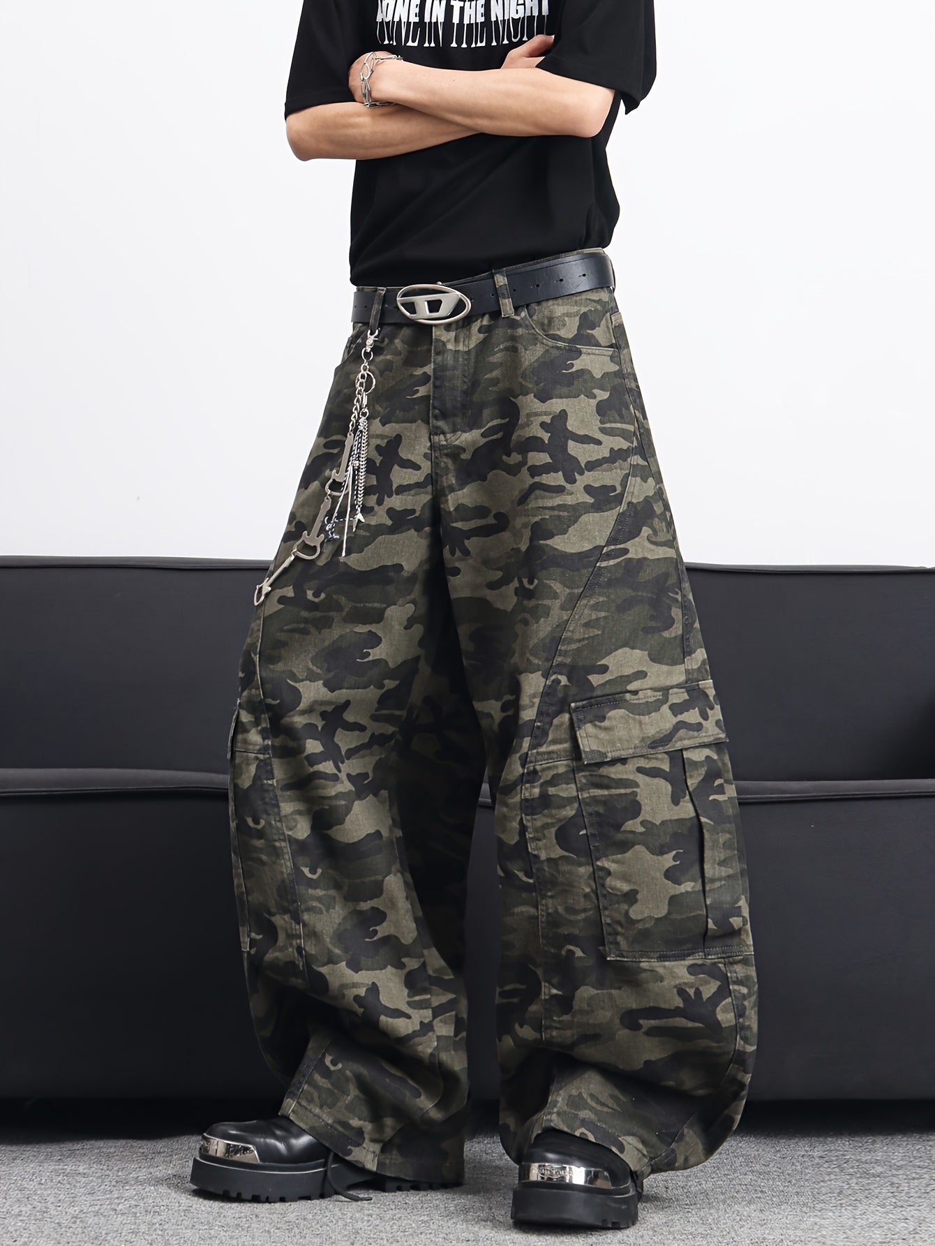 Men's American High Multi-Pocket Jeans - Camo Wide-Leg