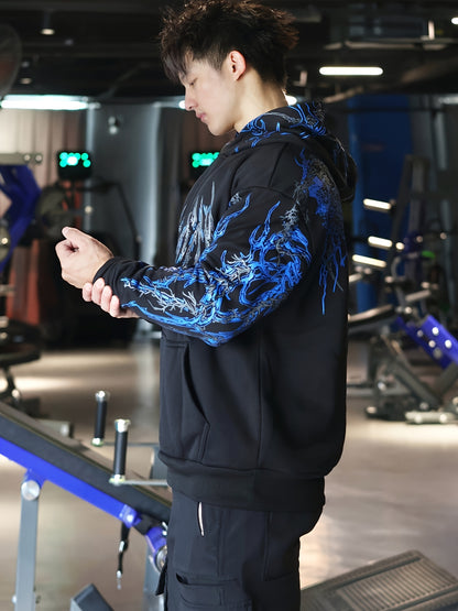 Men's Striped Graphic Print Hoodie - Loose Fit with Kangaroo Pocket