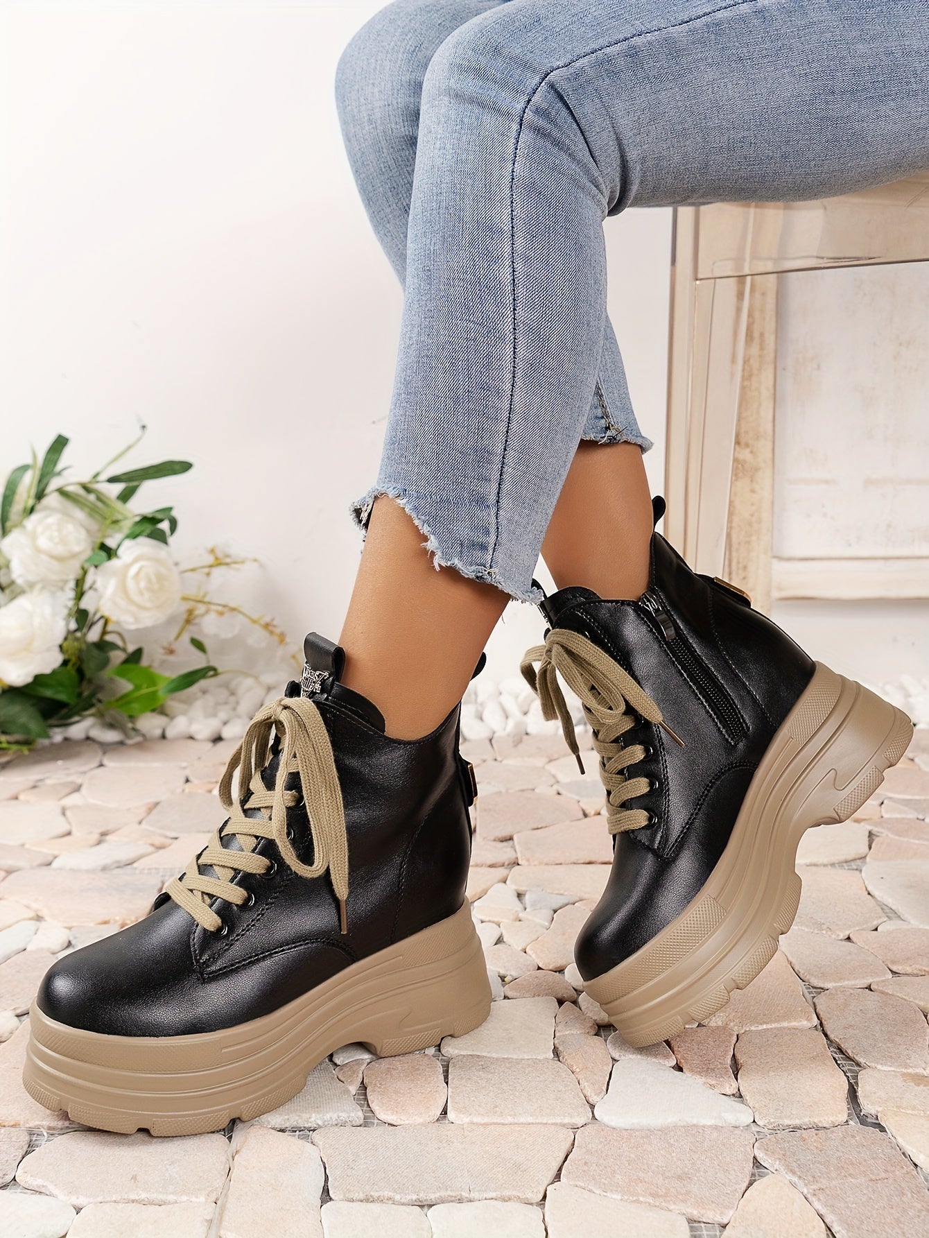 Women's Chunky Platform Ankle Boots - Fleece-Lined Black British