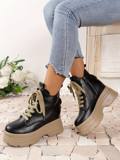 Women's Chunky Platform Ankle Boots - Fleece-Lined Black British