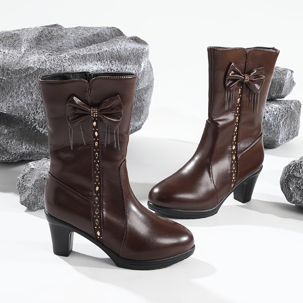 Women's Bowknot Decor Chunky Heel Boots - Plush Lined Fashion