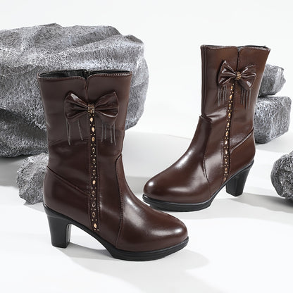 Women's Bowknot Decor Chunky Heel Boots - Plush Lined Fashion