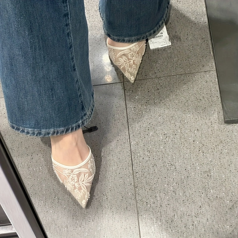 Embroidered Pointed-Toe Slingback Kitten Heels in Ivory