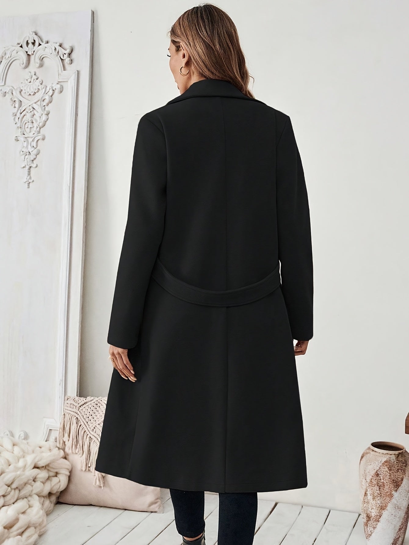 Women's Suit Collar Two-Tone Belted Long Coat - Elegant H-Line
