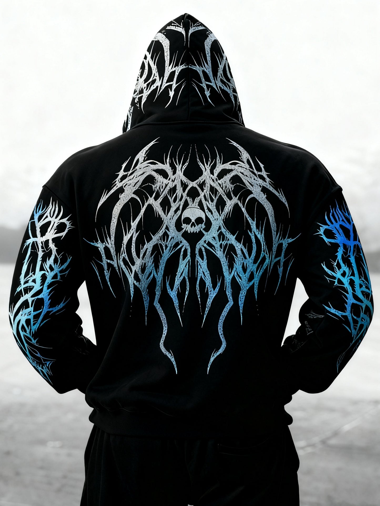 Men's Gothic Skull Print Zip Hoodie - Loose Fit with Pockets