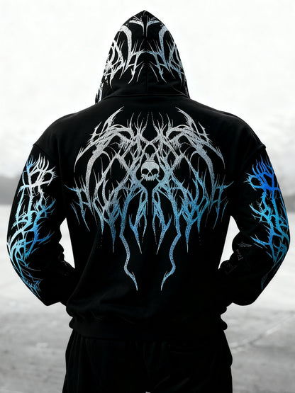 Men's Gothic Skull Print Zip Hoodie - Loose Fit with Pockets