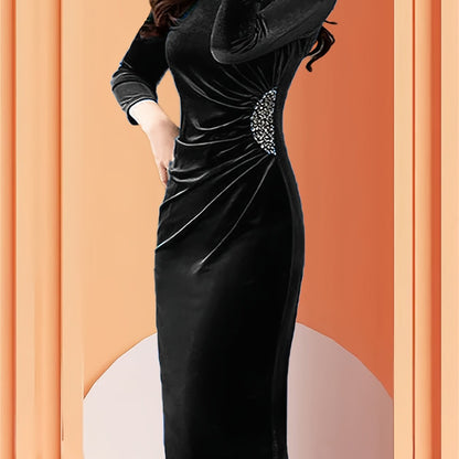 Women's Velvet Zipper Slit Dress - Elegant Slim Fit Ruched 3/4 Sleeve