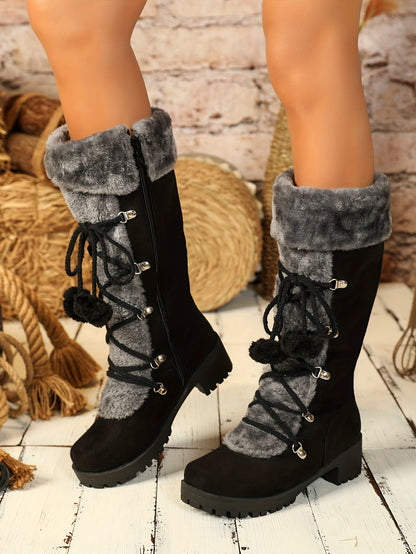Women's Elegant Winter Faux Fur-Lined Boots - Pom-Pom