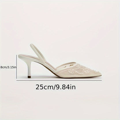 Embroidered Pointed-Toe Slingback Kitten Heels in Ivory