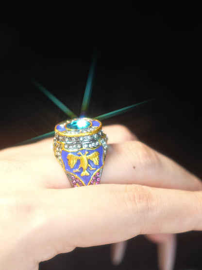 Vintage-Kriegerring, Doppeladler-Design, dunkelblaue Emaille-Elemente, Ring mit synthetischen Edelsteinen, Herrenring im Vintage-Stil, Granat-Imitat