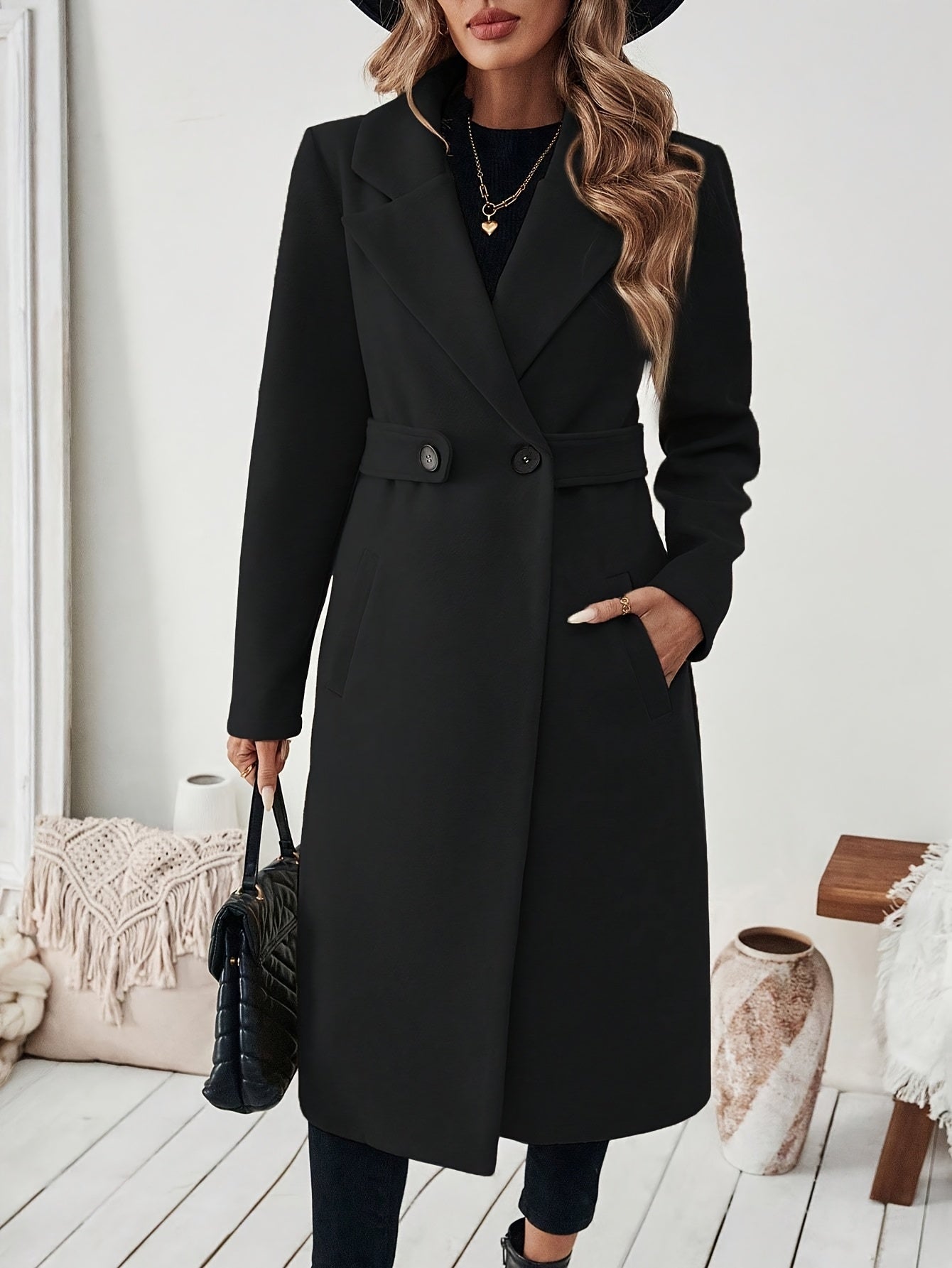 Women's Suit Collar Two-Tone Belted Long Coat - Elegant H-Line