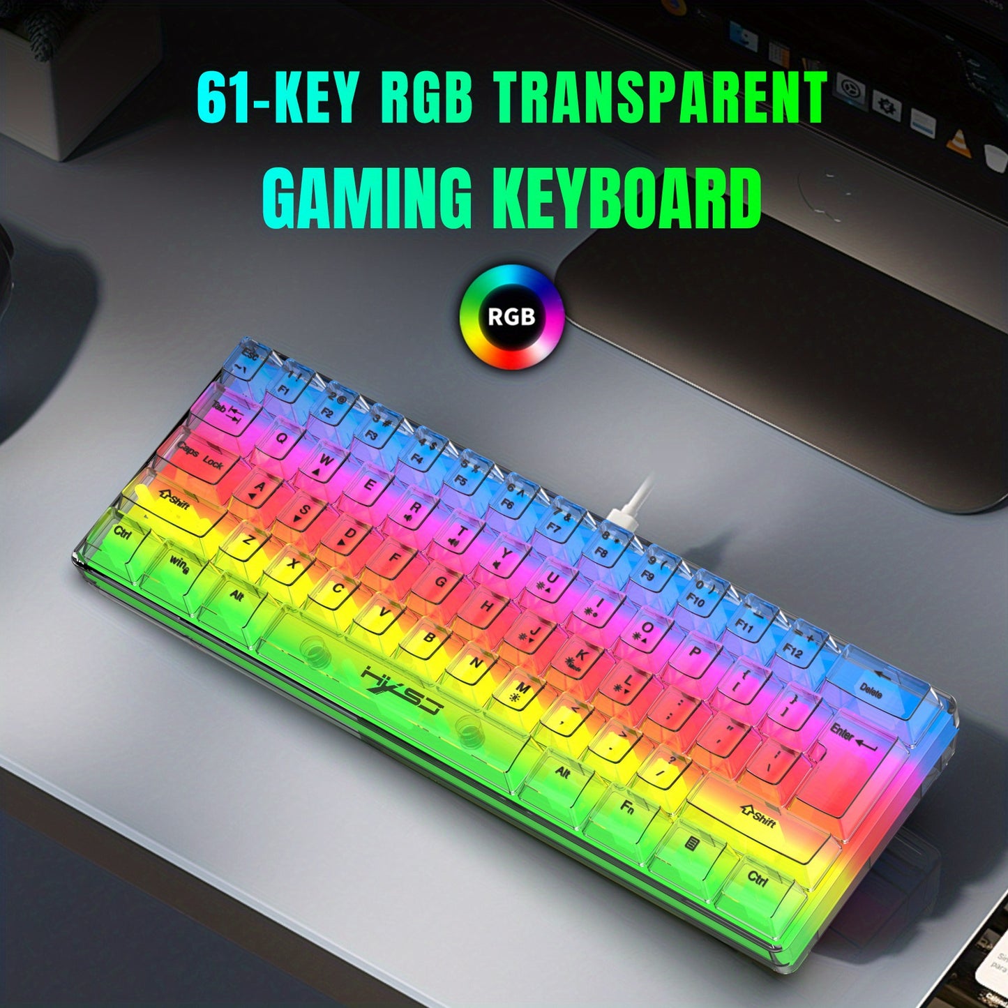 HXSJ 61-Key Gaming Keyboard - Full Transparent RGB Backlit USB-C