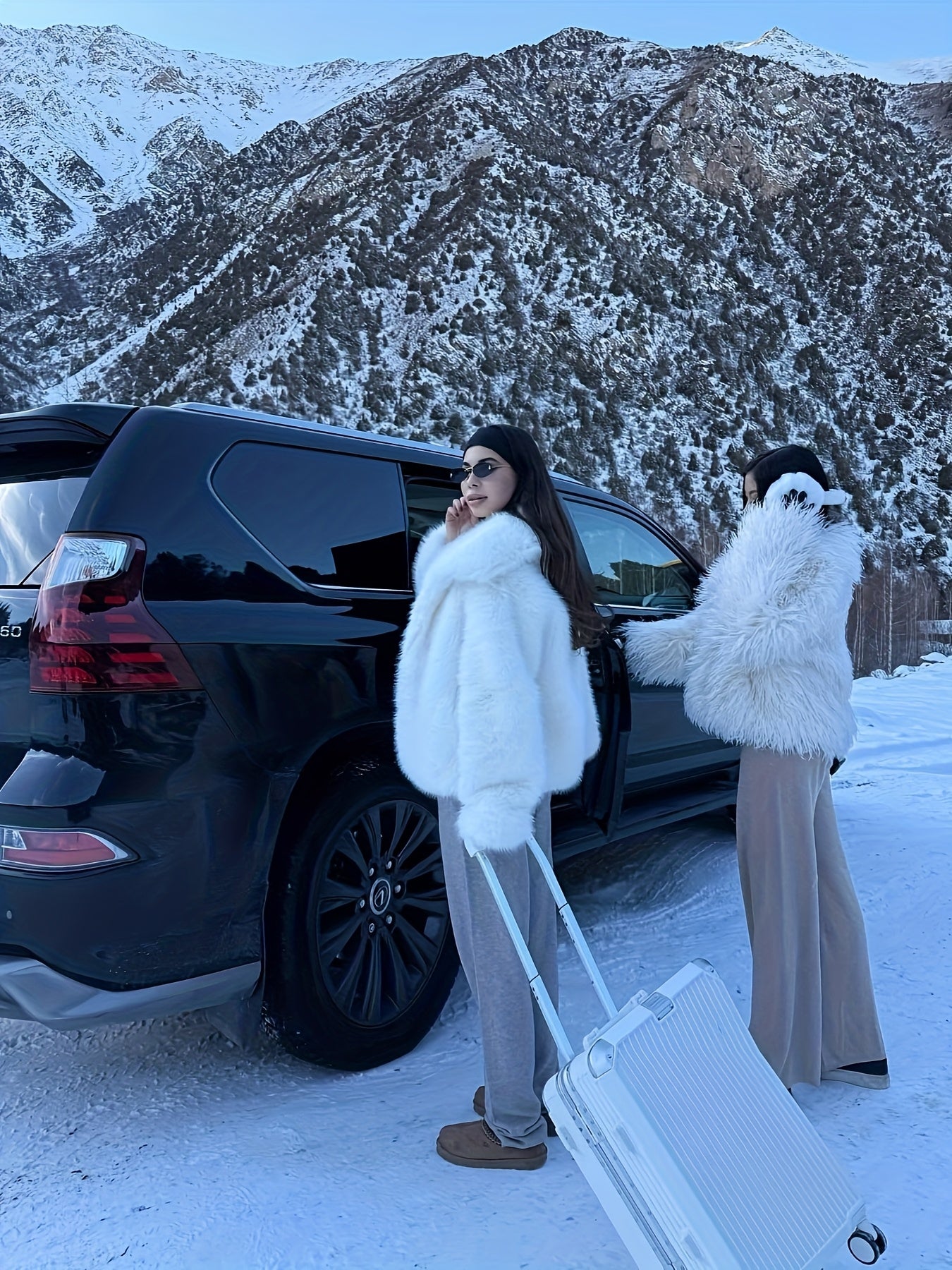 Women's Elegant V-Neck Faux Fur Coat - Solid Color Winter