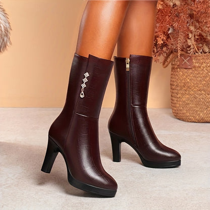 Women's Fleece-Lined Mid-Calf Boots - Rhinestone