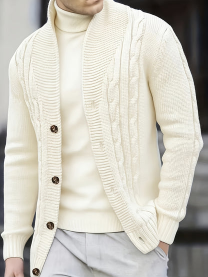 Men's Cable Knit Sweater - Black Large Lapel Ribbed