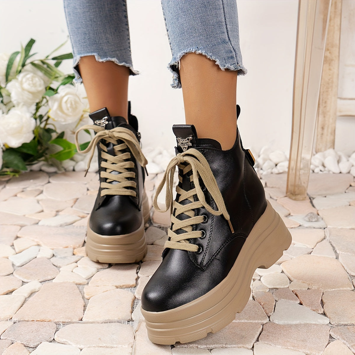 Women's Chunky Platform Ankle Boots - Fleece-Lined Black British