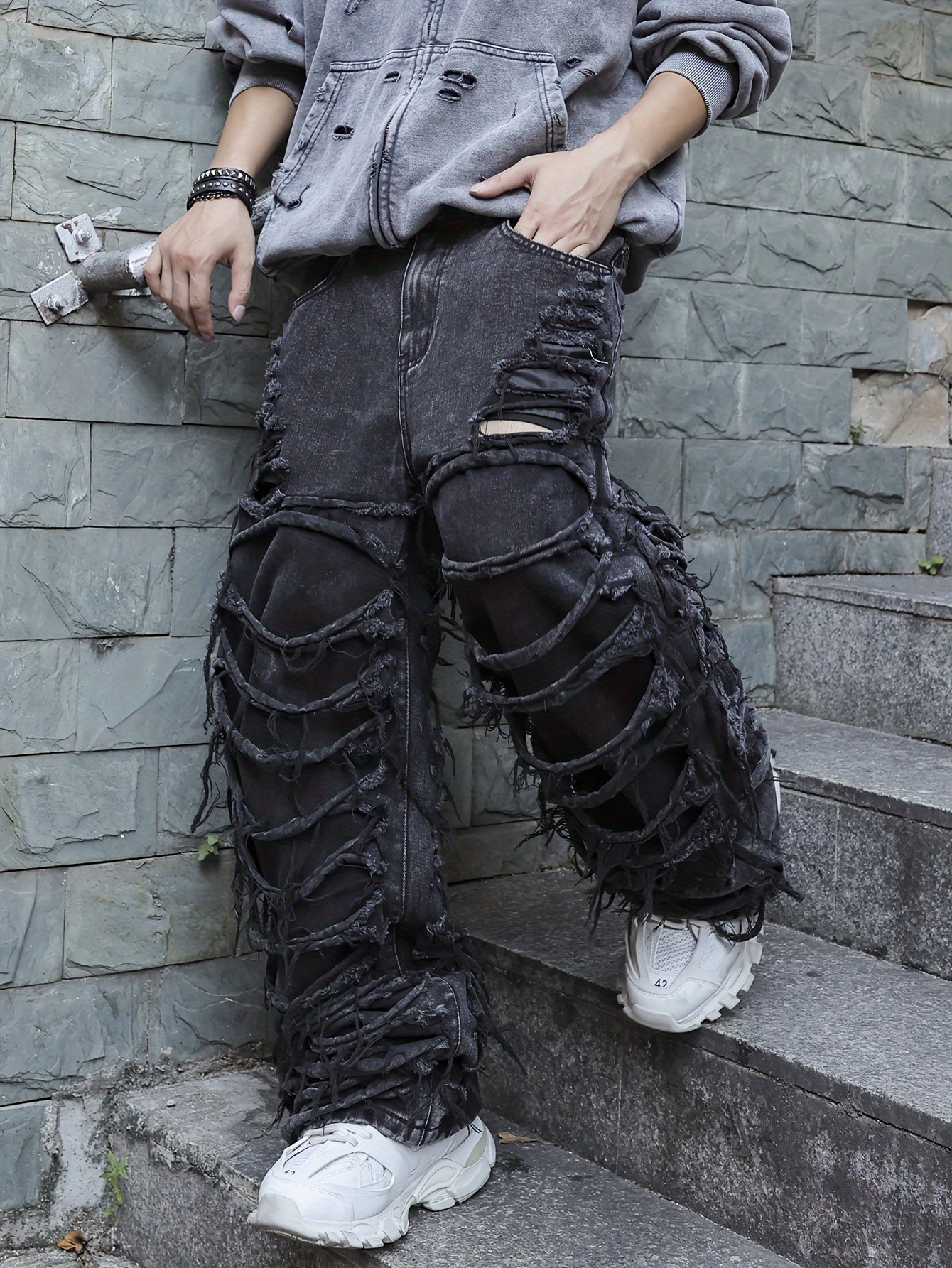 Men'S Streetwear Denim Wide-Leg Pants - Distressed, Loose Fit, Black, Casual Style, All-Season Wear, Non-Stretch Fabric, Perfect for Weekend Outings, Streetwear Fashion | Distressed Denim | Nonstretch Fabric
