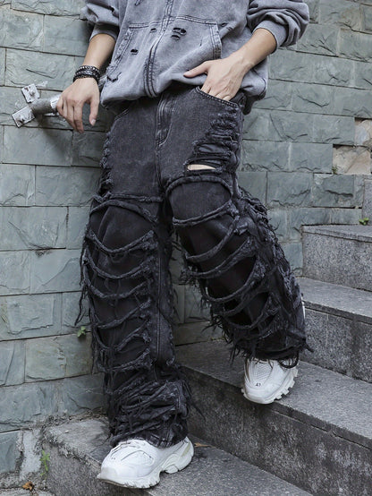 Men'S Streetwear Denim Wide-Leg Pants - Distressed, Loose Fit, Black, Casual Style, All-Season Wear, Non-Stretch Fabric, Perfect for Weekend Outings, Streetwear Fashion | Distressed Denim | Nonstretch Fabric