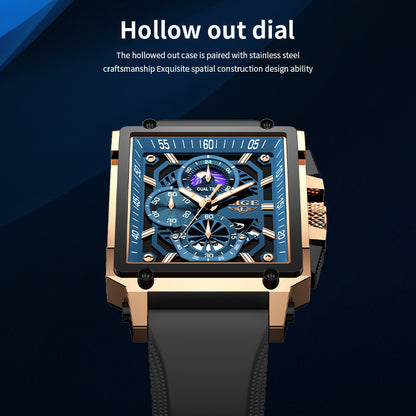 LIGE Vintage Quartz Watch - Hollow Dial Lunar Phase & World Time