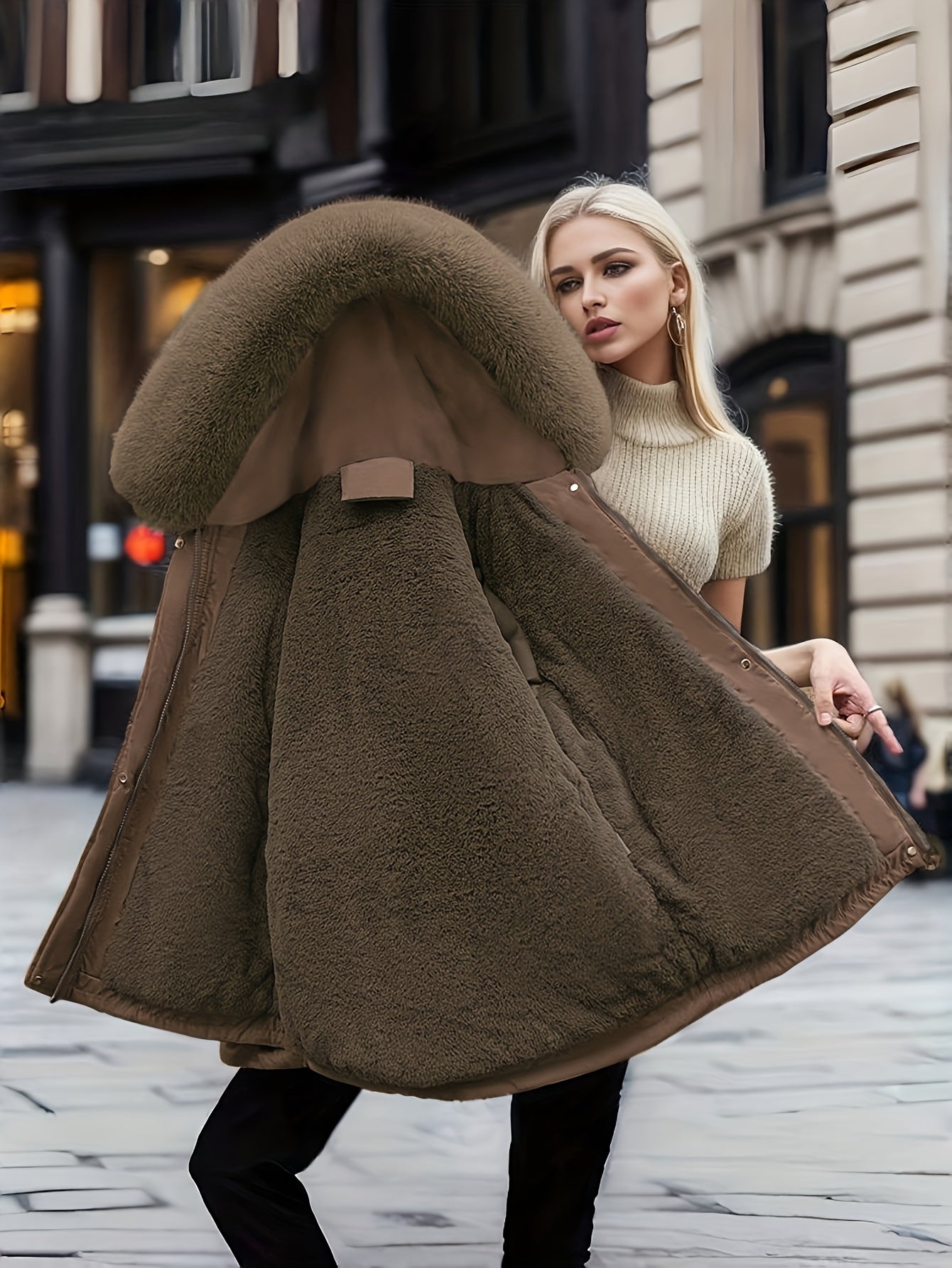 Women's Winter Fleece-Lined Thermal Coat - Full-Zip A-Line Hood