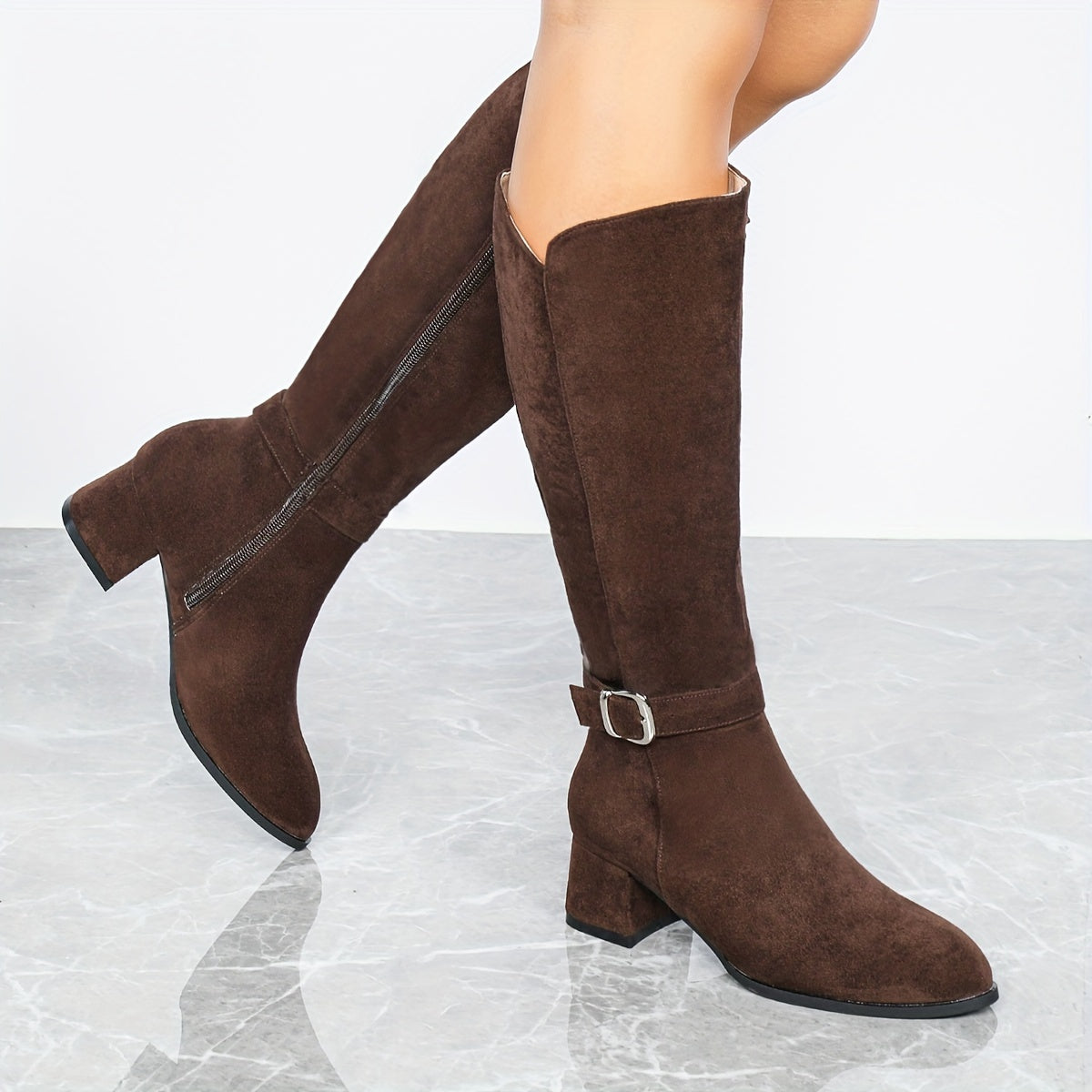 Women's Chunky Heeled Velvet Knee Boots - Side Zipper Knight