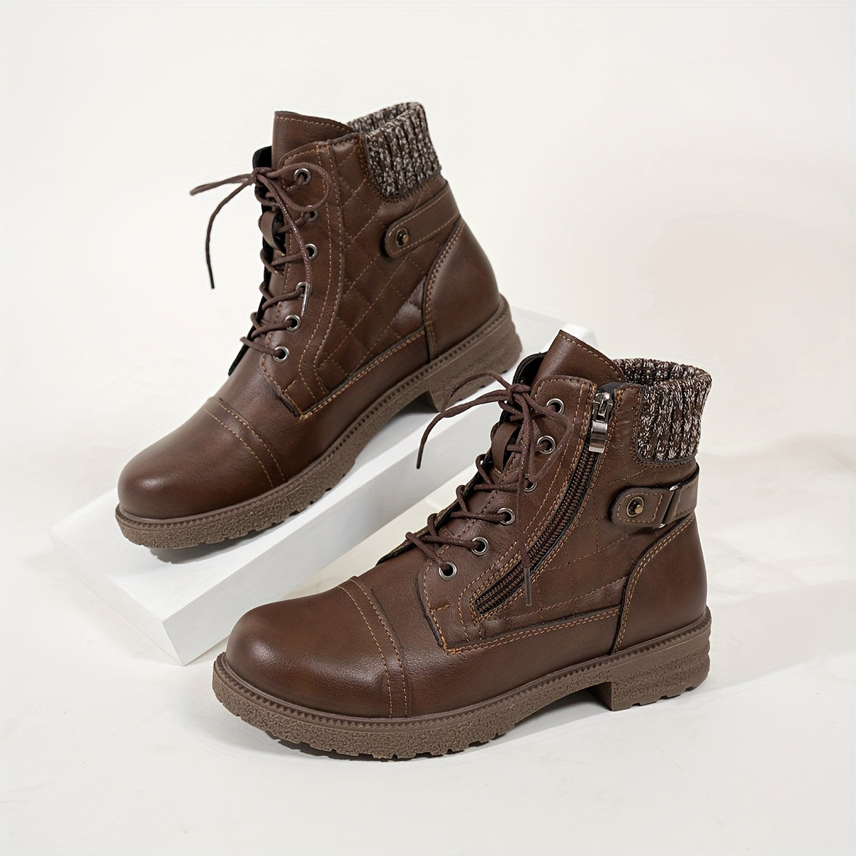 Women's Boots - Chunky Heel Lace-Up Side Zipper