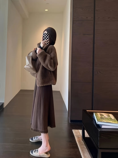 Faux Fur Open Front Fuzzy Coat, Elegant Long Sleeve Warm Outerwear For Fall & Winter, Women's Clothing