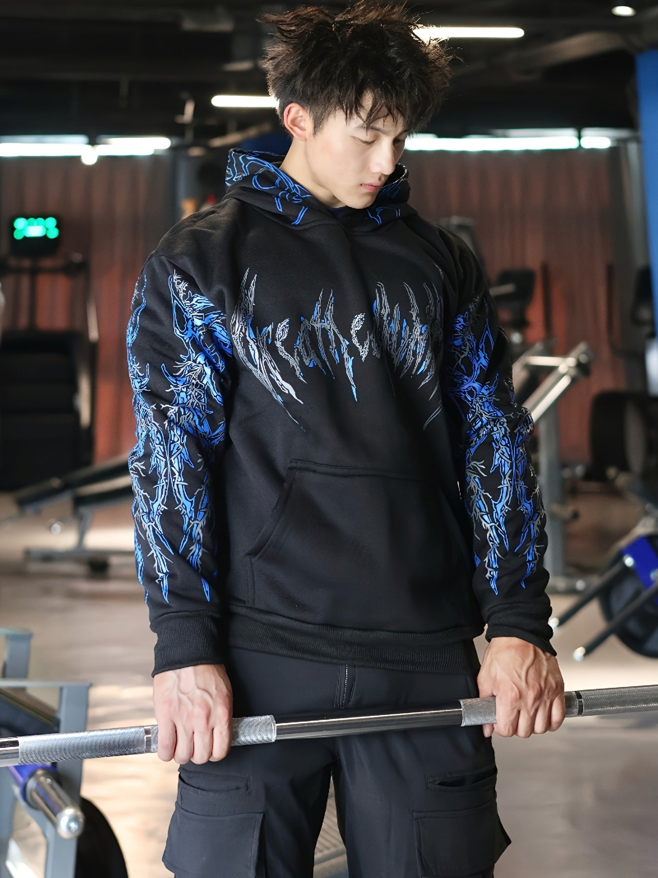 Men's Striped Graphic Print Hoodie - Loose Fit with Kangaroo Pocket