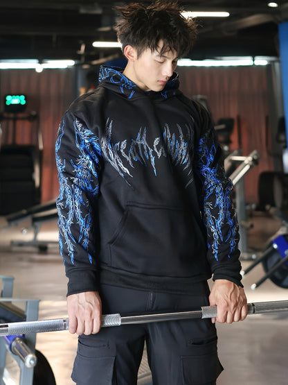 Men's Striped Graphic Print Hoodie - Loose Fit with Kangaroo Pocket