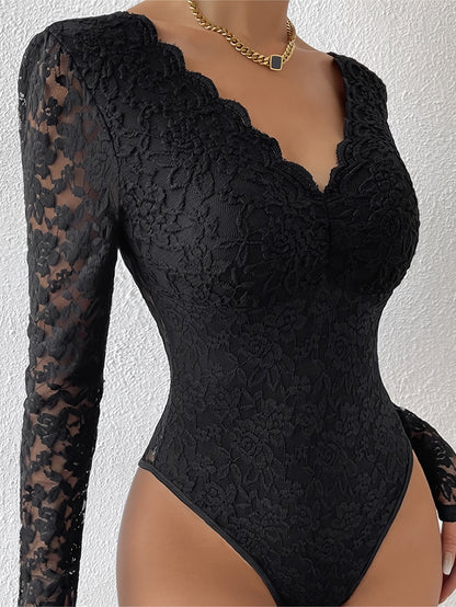 Elegant Burgundy Lace Bodysuit - Long Sleeve Sheer Panel Zipper