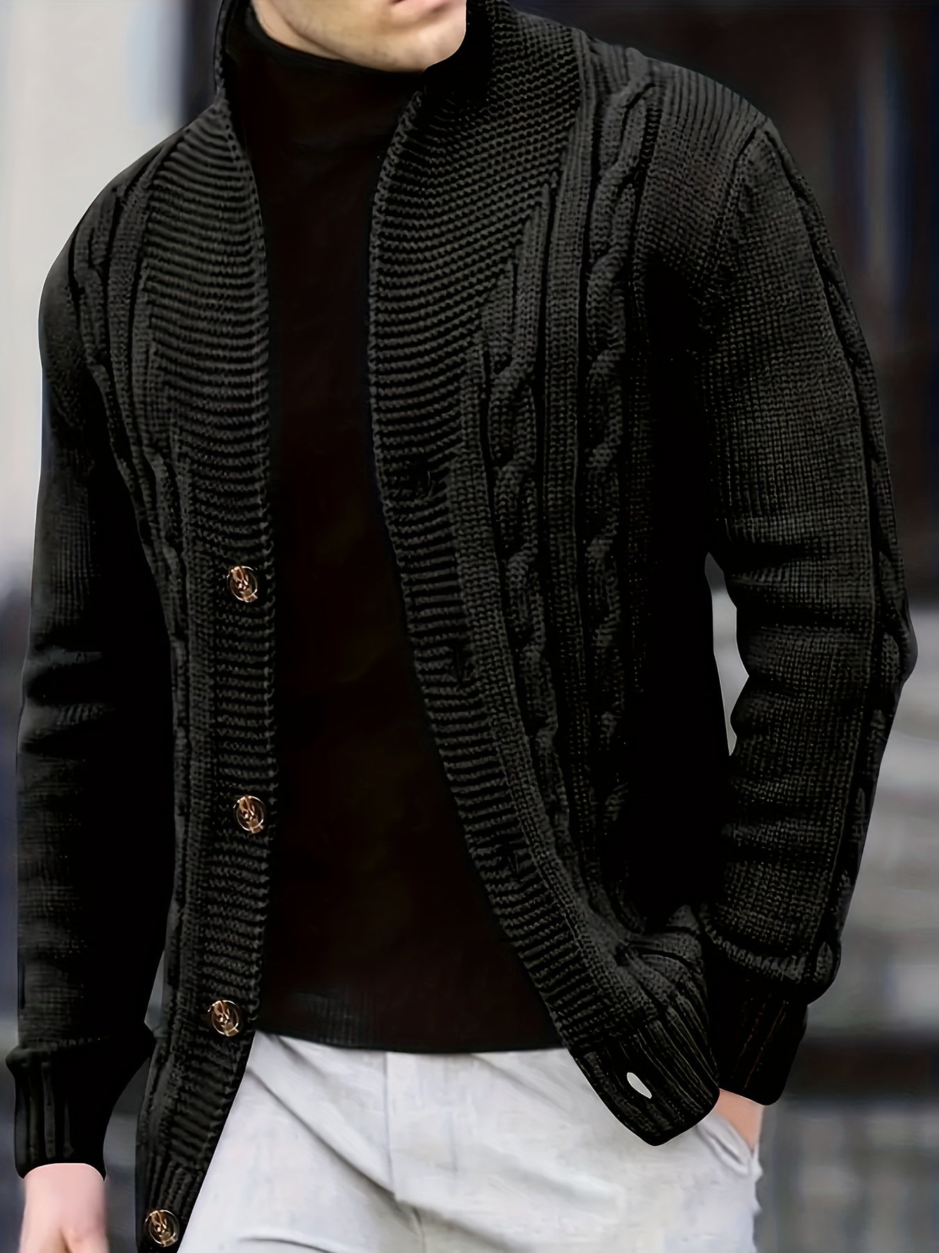 Men's Cable Knit Sweater - Black Large Lapel Ribbed