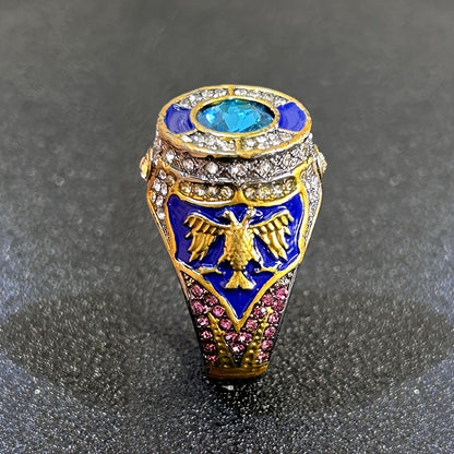 Vintage-Kriegerring, Doppeladler-Design, dunkelblaue Emaille-Elemente, Ring mit synthetischen Edelsteinen, Herrenring im Vintage-Stil, Granat-Imitat