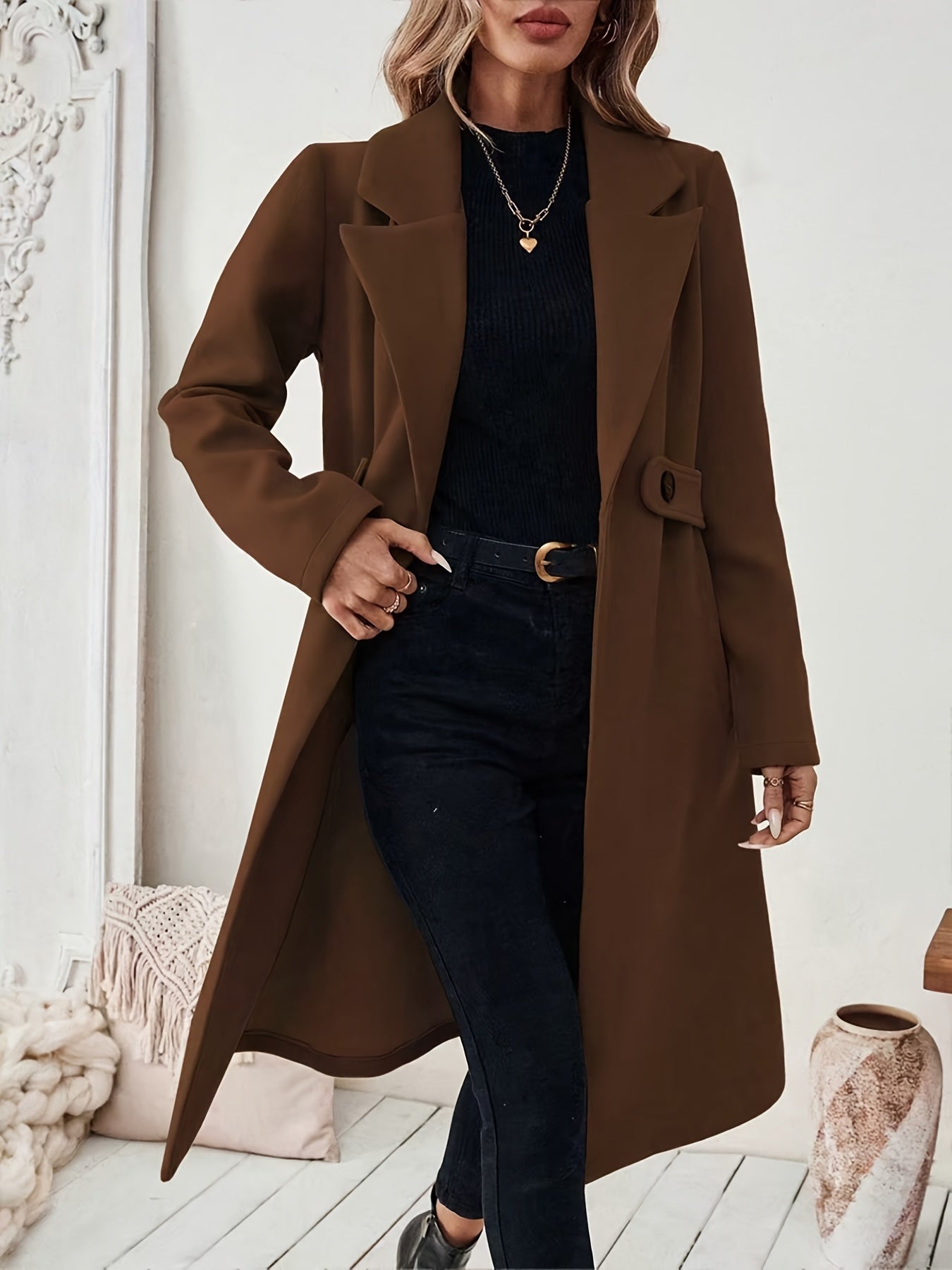 Women's Suit Collar Two-Tone Belted Long Coat - Elegant H-Line