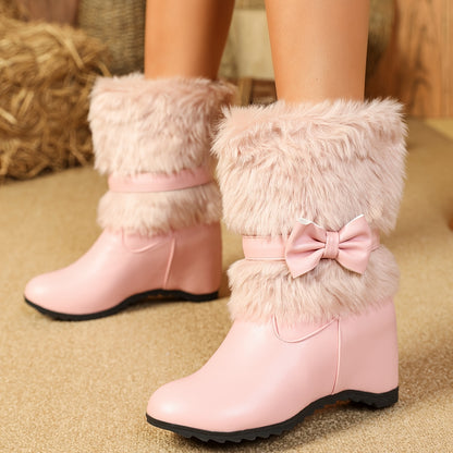 Women's Plush-Lined Winter Boots - Slip-On Mid-Calf Bow Detail