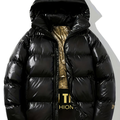 Men'S Heavyweight Winter Coat - Thick Insulated Hooded Jacket with Full-Zip Closure, Loose Fit Long Sleeve Outerwear for Cold Weather, Front Pockets - Black & Golden, Casual Formal Wear, Winter Jacket, Seasonal Fashion, Styli