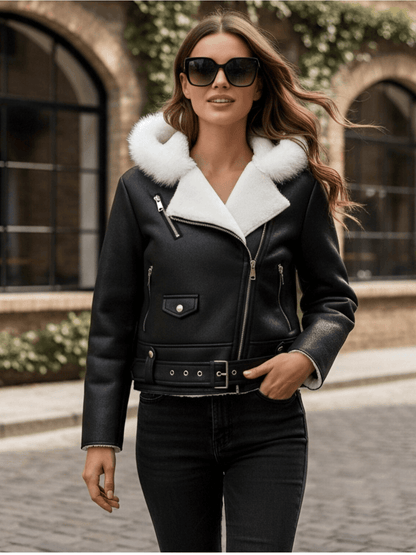 Women's Bomber Jacket - White Collar Hooded Padded with Belt