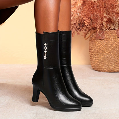 Women's Fleece-Lined Mid-Calf Boots - Rhinestone