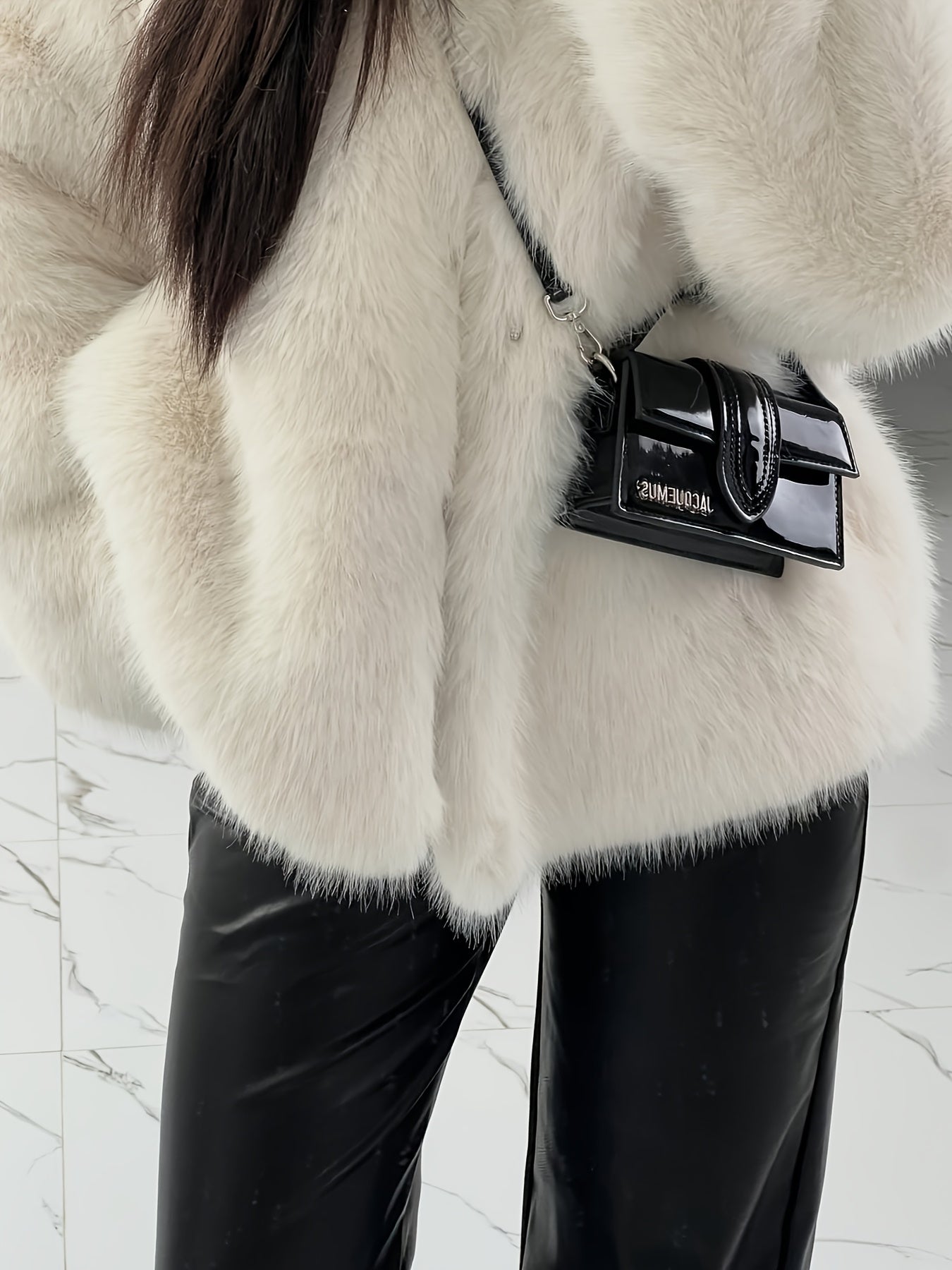 Women's Elegant V-Neck Faux Fur Coat - Solid Color Winter