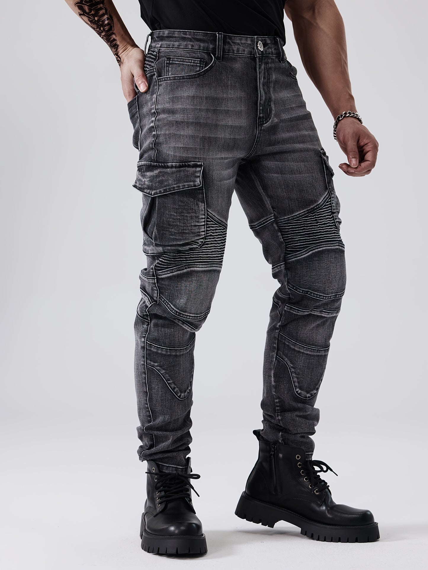 ESDVQ Men's Stretch Slim Multi-Pocket Jeans - Locomotive Stitching