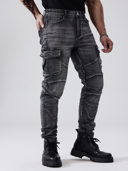 ESDVQ Men's Stretch Slim Multi-Pocket Jeans - Locomotive Stitching