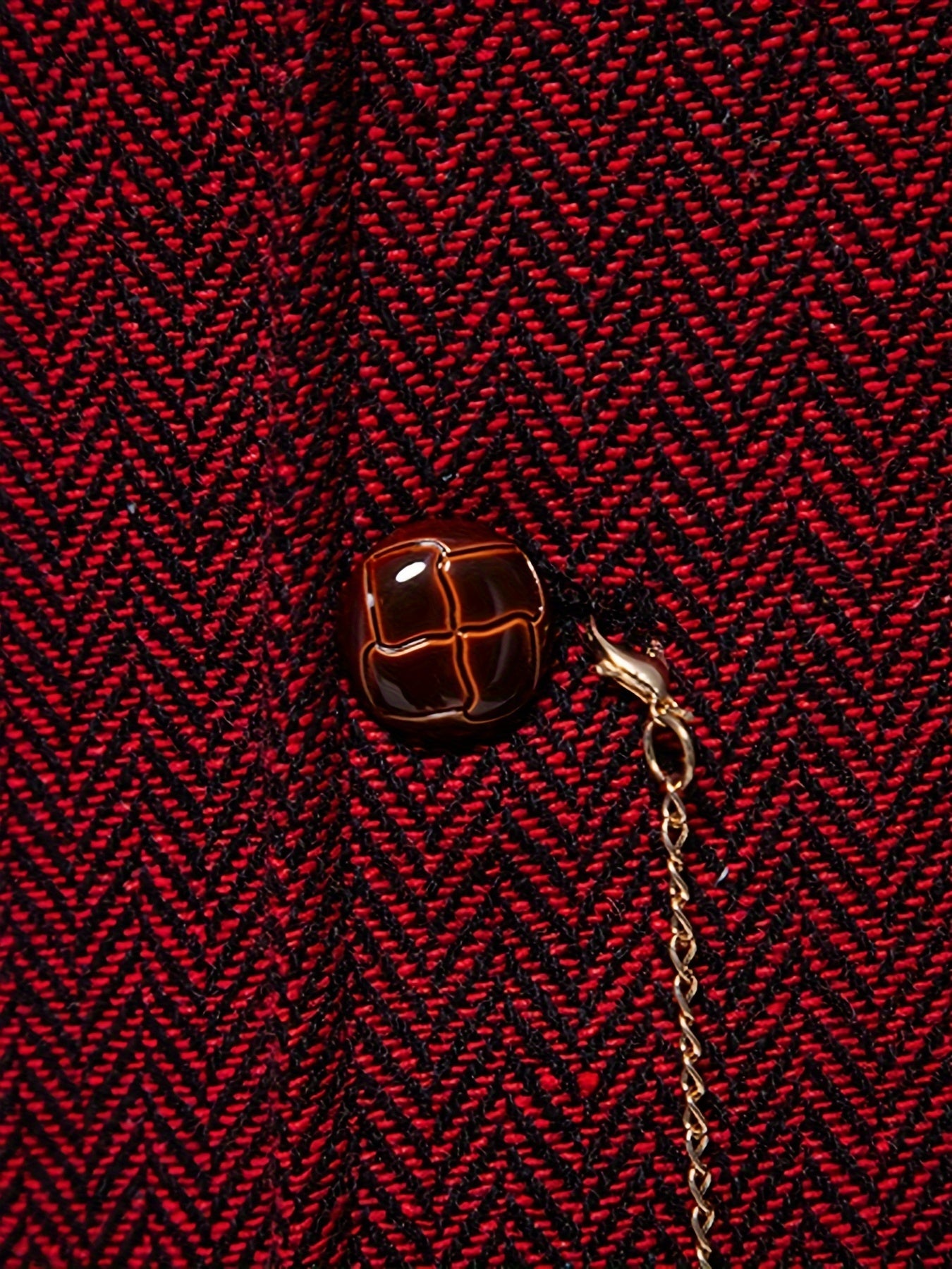 Men's Herringbone Tweed Vest - Single-Breasted Chain Detail Brown